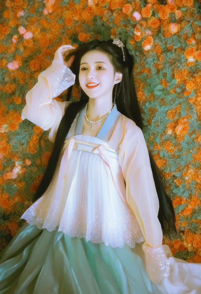 photography,Inspired by Song Huizong,4K
polaroid,high details,full_shot,a 17 yo girl,photo by Ren hang,solo,looking at viewer,smiling,hanfu,lace,multi -layer transparent and embroidered silk fabric,elegant,rich colors,expressive eyes,jade accessories,soft lighting,silk texture,pearl jewelry,rose petals,long_hair,hime cut,wavy hair, dynamic perspective