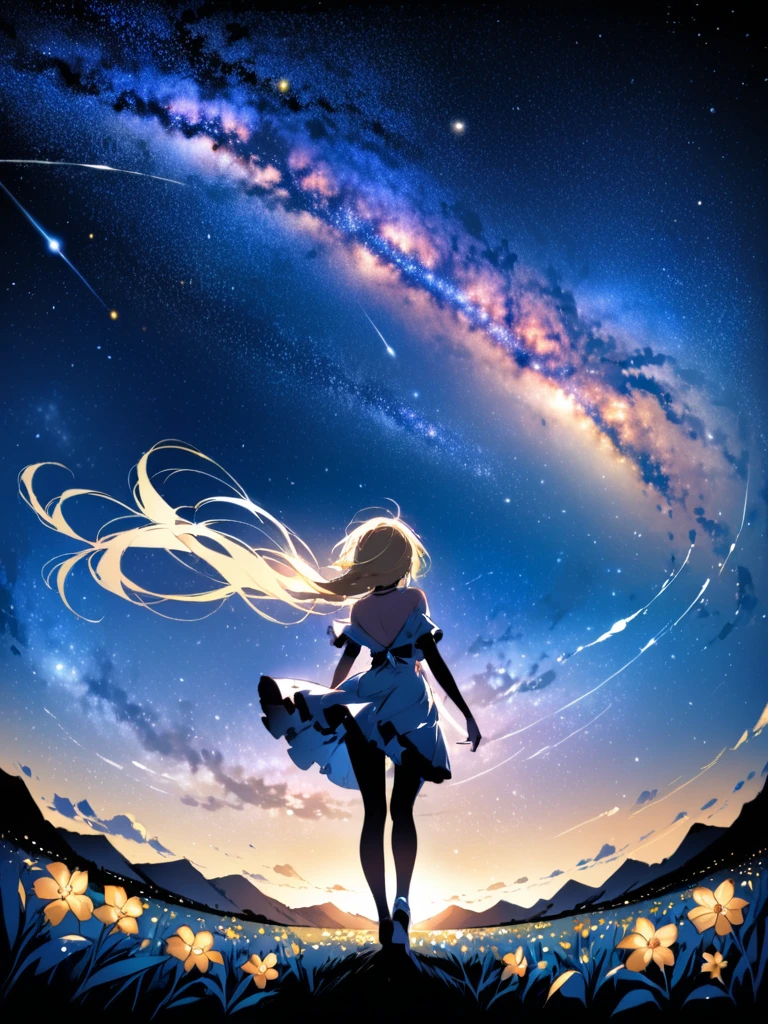 (Highest quality、masterpiece)、One Girl、Full Body Shot、stop temporarily、particle、Wind、flower、blonde、milky way、5mTake the lead、