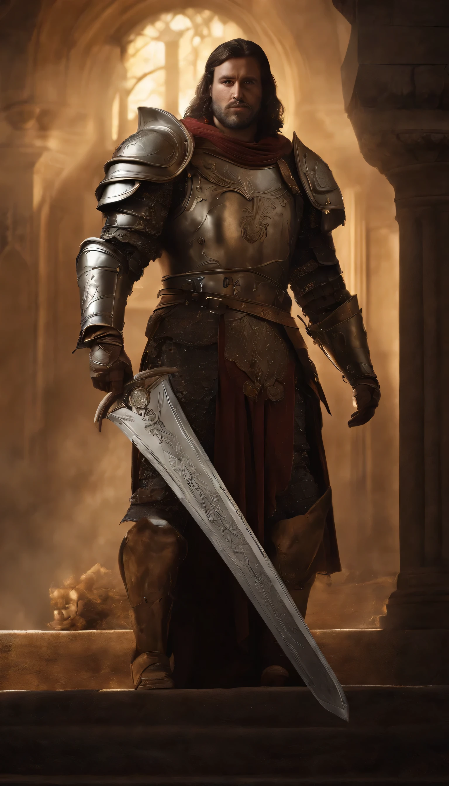 A man in armor stands in the hallway with a sword, full portrait of the magic knight, ares with heavy armor and sword, fantasy warrior in full armor, paladin&#39;s golden armor, arsen lupine as paladin, Amazing 8K character concept art, for honor character concept art, knight armored in red, Paladin&#39;s Epic Armor, holy crusader medieval knight