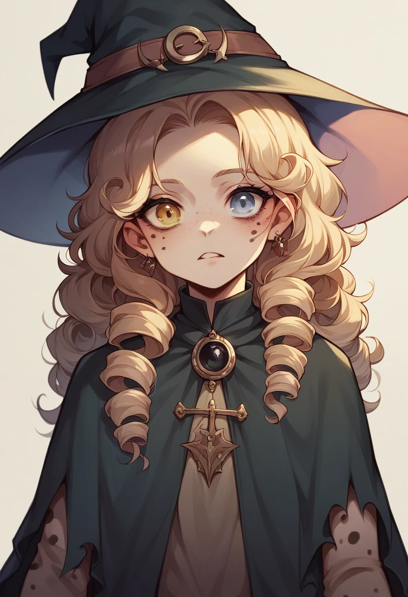 Woman, Youngh, witch, com chapeu de witch, heterochromia in the eyes, curly hair, spots on her delicate face and mature body