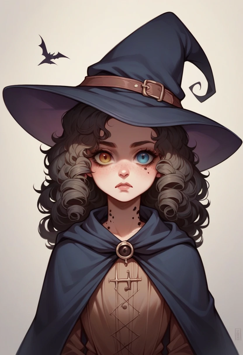 Woman, Youngh, witch, com chapeu de witch, heterochromia in the eyes, curly hair, spots on her delicate face and mature body