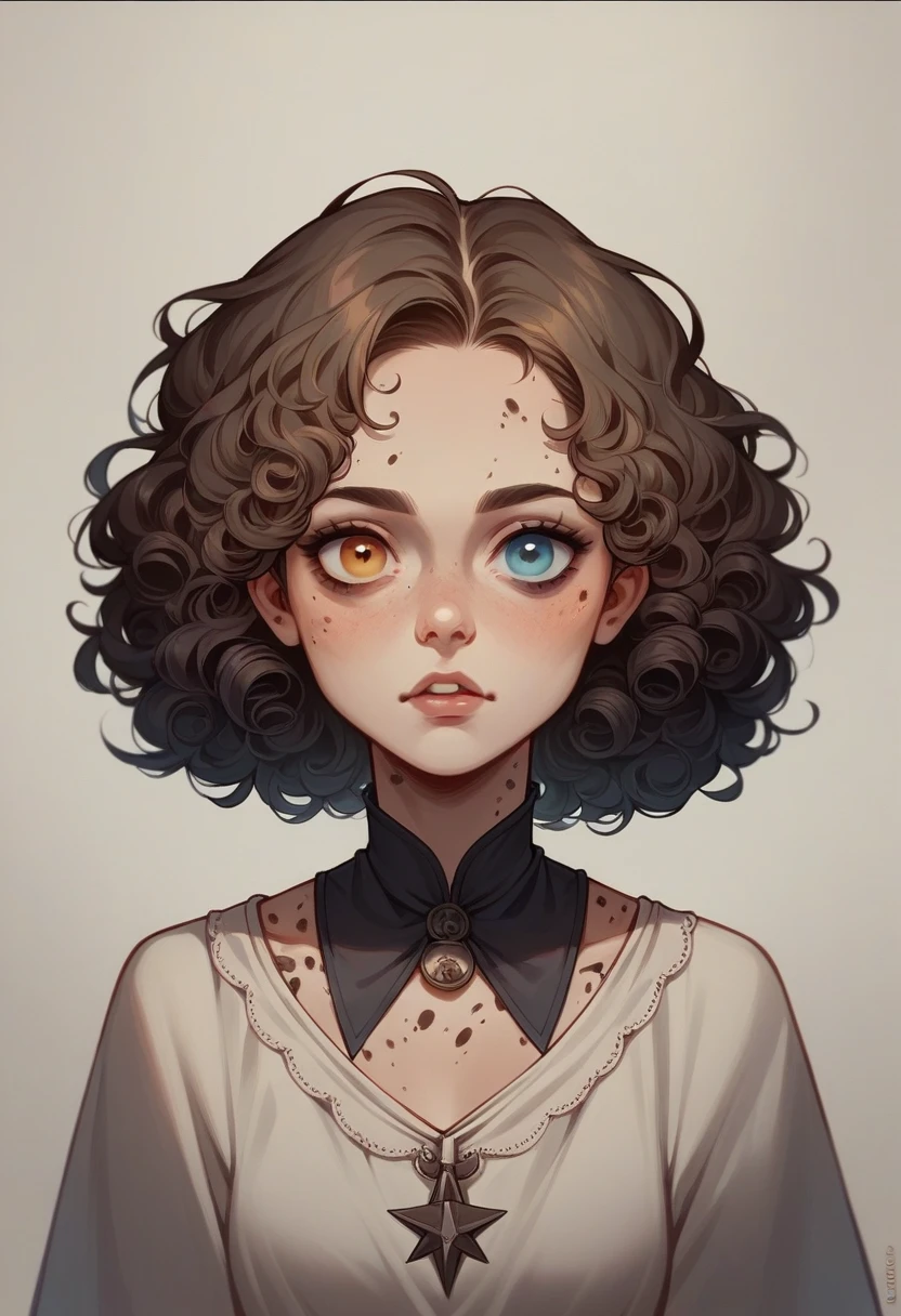 Woman, Youngh, witch, com chapeu de witch, heterochromia in the eyes, curly hair, spots on her delicate face and mature body