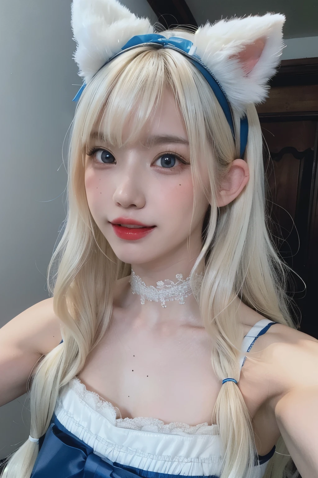 RAW Photos,(8K)、(Highest quality: 1.2)、(Real)、(Real: 1.37)、Ultra-high resolution、 A young woman with long wavy platinum blonde hair and bangs、She is wearing a blue and white maid outfit with lace details and bows。She wears a blue headband with cat ears and white and purple accessories.、taking a selfie。The background is a light-colored wall、She has a cute, slightly blushing look on her face.。Half Korean and half Japan、Korean is 60% 、18-year-old、cute、smile、Mouth closed、Thick lips、Red lips、freckled face、Aquiline Nose、