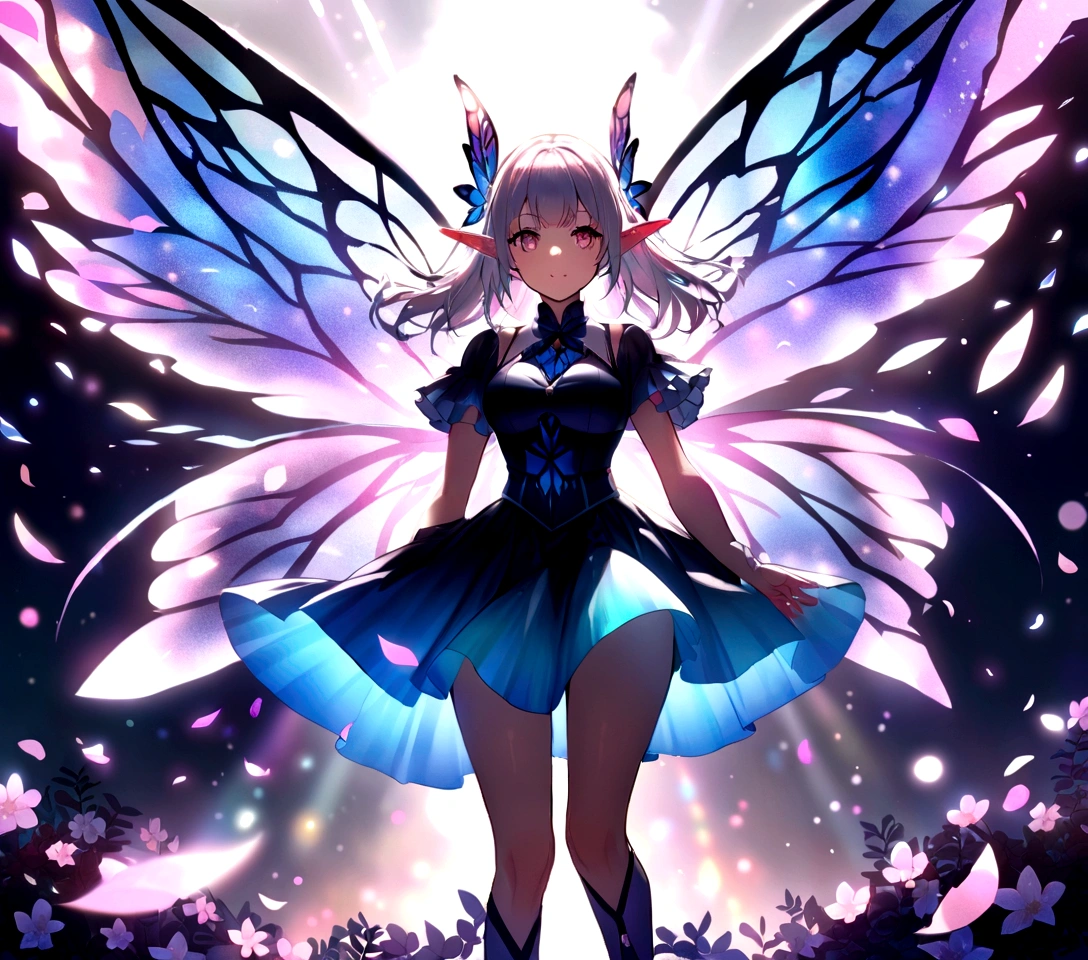 one-girl，Thighs above the knee，Elves in flowers，A pair of transparent butterfly wings，Colorful wings，（A skirt composed of petals：1.5），The petals float into the sky，（Petals of various flowers），best qualtiy，tmasterpiece，フォトリアリスティック，Photorealistic image quality，The dawn effect，Beam light