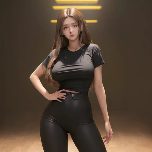 A girl with long, floor-length light brown hair and yellow eyes wearing black pants that fit tightly to her body, wearing a tight t-shirt that squeezes her big breasts a little. 