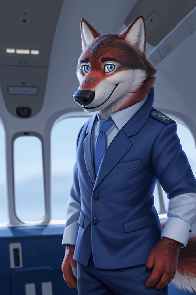 Ivan Fedorovich Wolfbach (Novosibirsk) ,высокий Beautiful, wolf,young, 24 years, brown fur,Kind,(red body:1.3),beautiful blue eyes,Novosibirsk,dressed,civil aviation pilot uniform,White shirt,epaulets командира, черный tie, trousers,airline pilot, commander&#39;s cap, trousers,canine, wolf, detailed fur, male, second, paw pads, finger claws,At the viewer, 5 fingers, paws, 5 fingers, smile, wrist watch, т nextel,by xenoforge, (difficult, high detail, digital photography, soft focus, RAW,goes for a walk, ,Very close to the camera,airport,Novosibirsk, smile, good mood, positive, Very close to the camera,without hair, epaulets captain, shoulder straps, pilot striped shoulder straps civill aviation, airfield pass, 
Photorealism, realistic, photorealistic, digital style, Subsurface scattering,I look at the viewer,стоит White shirt, epaulets, captain, trousers, tie, next to a Boeing 747 400 plane,smile, teeth, Beautiful, 
masterpiece, Best quality, ultra realistic, 8 thousand.)