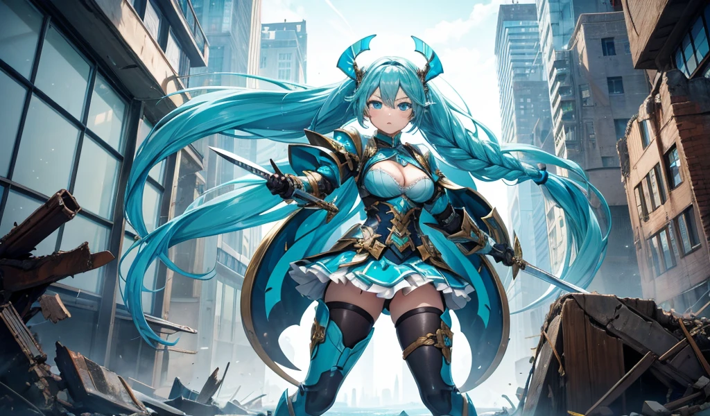 Girl with long cyan hair and double braids,tights,Cyan armor,cleavage,Iron skirt,thigh,Great sword,ruined city