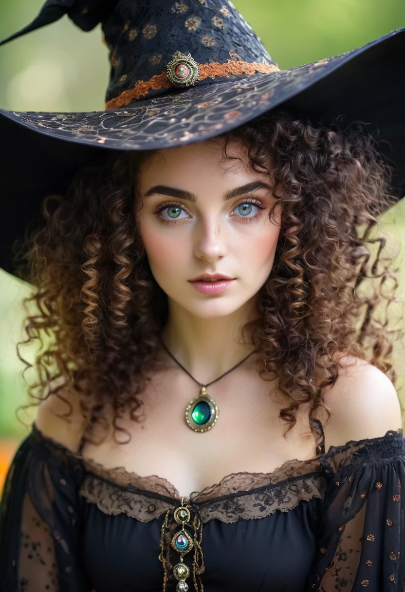 Woman, Youngh, witch, com chapeu de witch, heterochromia in the eyes, curly hair, spots on her delicate face and mature body