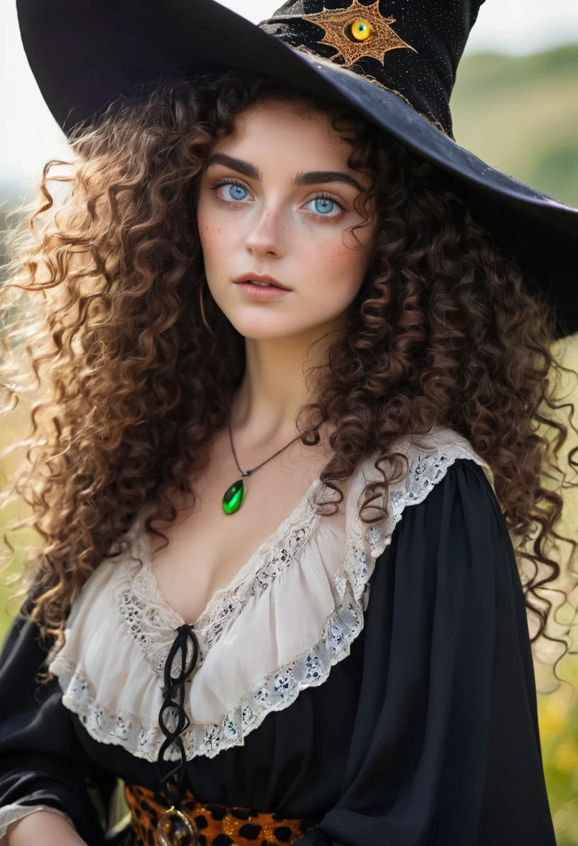Woman, Youngh, witch, com chapeu de witch, heterochromia in the eyes, curly hair, spots on her delicate face and mature body
