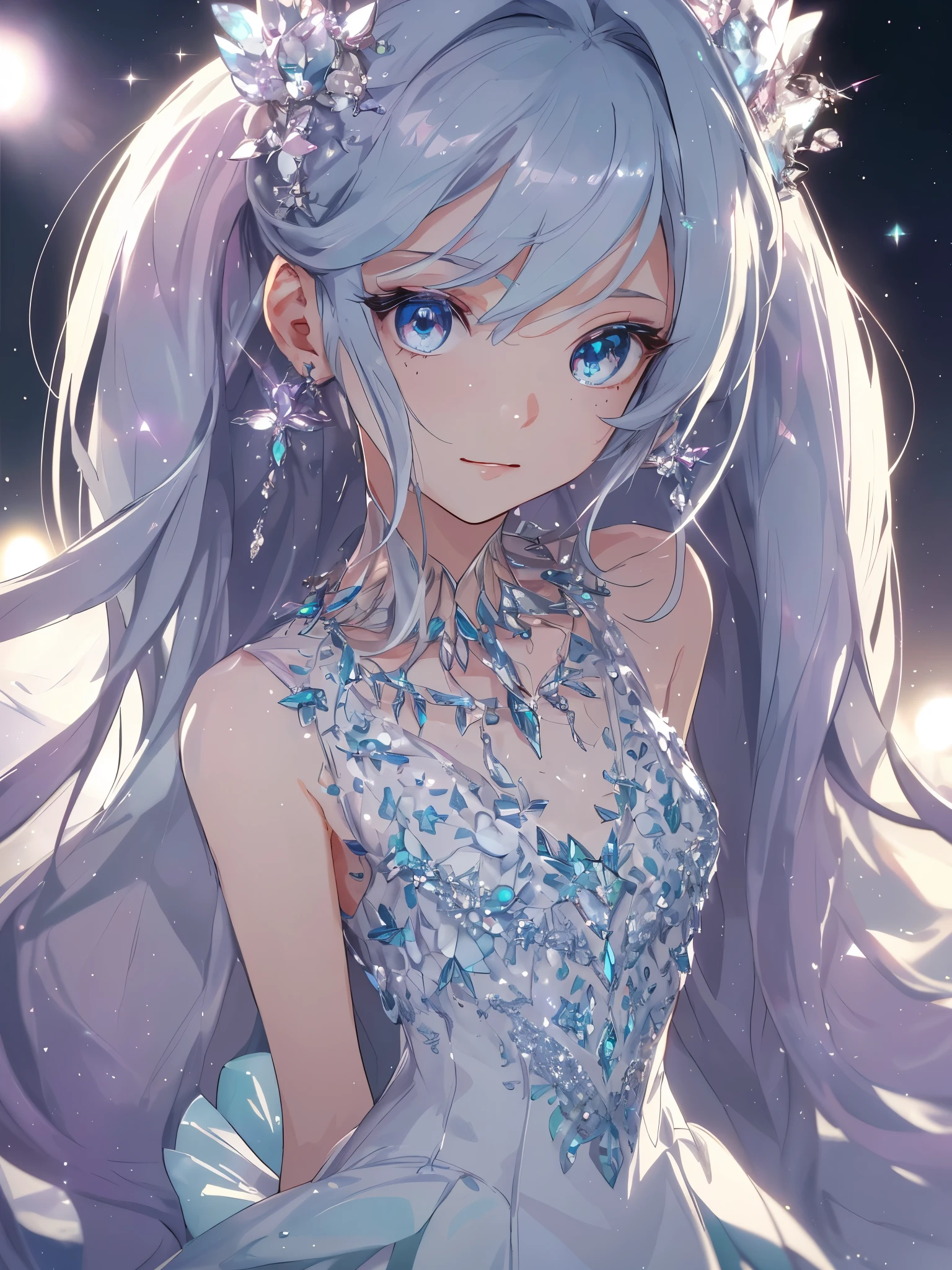 masterpiece, highest quality, figure, alexandrite eyes and hair, platinum earrings, Platinum Necklace, white dress, The Little Mermaid, cute, (dynamic lighting:1.2), cinematic lighting, delicate features, fine eyes, sharp pupils, realistic student, Depth of bounds written, Bokeh, sharp focus, (very detailed, bloom, shine:1.4), Many Small Gems, hatsune miku