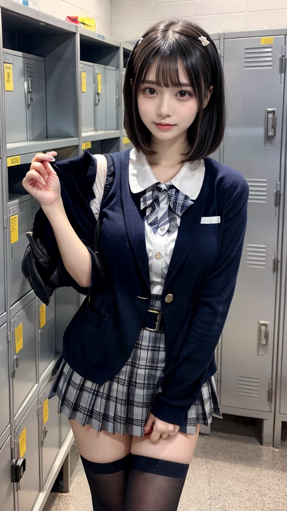 masterpiece, best quality, illustration, Super detailed, fine details, High resolution, 8K,wall paper, perfect dynamic composition,(Details High quality, realistic depiction of eyes:1.3),locker room、High school girl uniform、blazer 、Super Short Check Uniform Skirt、Navy blue high socks、garterbelts、Colossal tits、Disturbed uniform, short bob hair, black hair color, huge breasts, Big Natural Color Lip, bold sexy pose, (perfect body shape), crying a little、Harajuku style、20 year old girl、 beautiful legs, hposing Gravure Idol, Voluptuous thighs