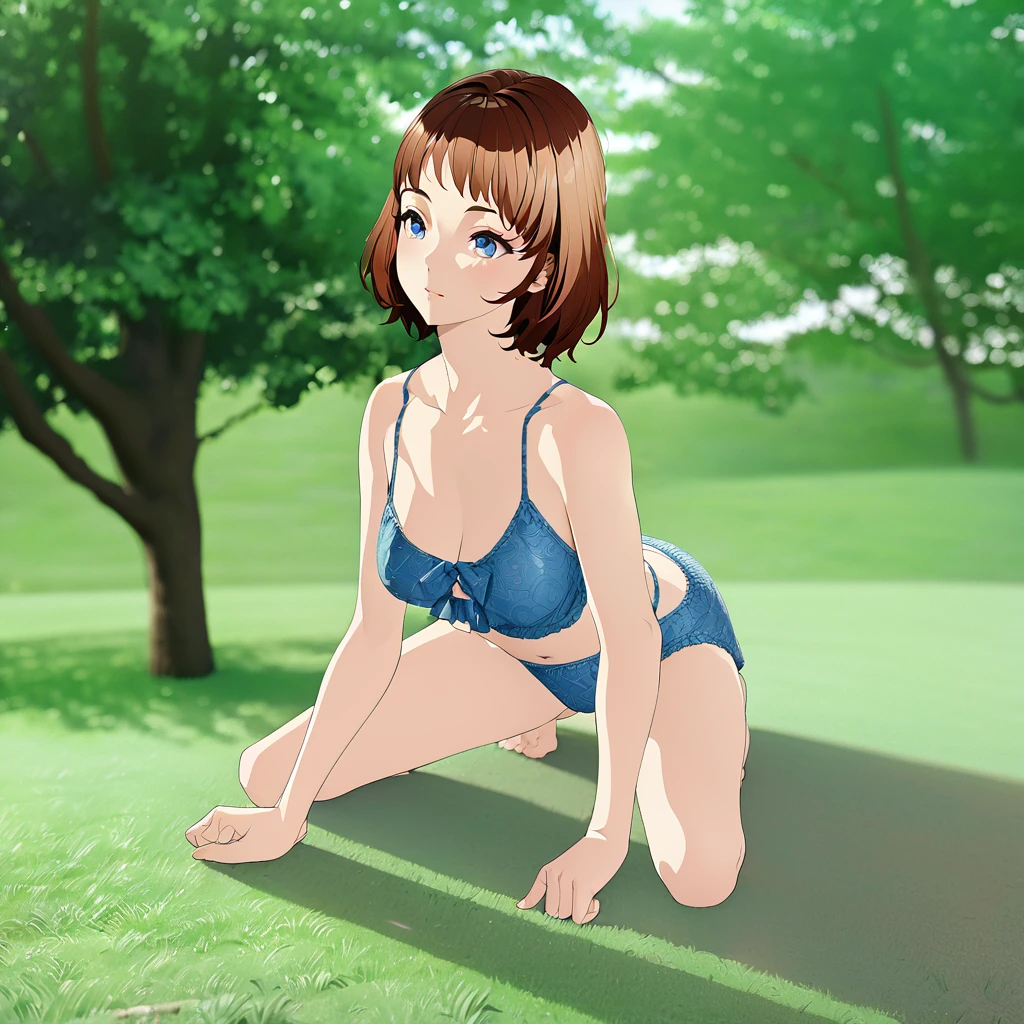Anime girl in blue underwear squatting on the grass in the park, Smooth anime CG art, Photorealistic perfect body, Characters are in natural poses, Realistic Anime 3D Style, Beautiful anime girl crouching, Sitting pose, Realistic Bikini, Perfect body with realistic shading, Anime girl crouching, Relaxed pose, Attractive pose, whole body:: Sunny weather::