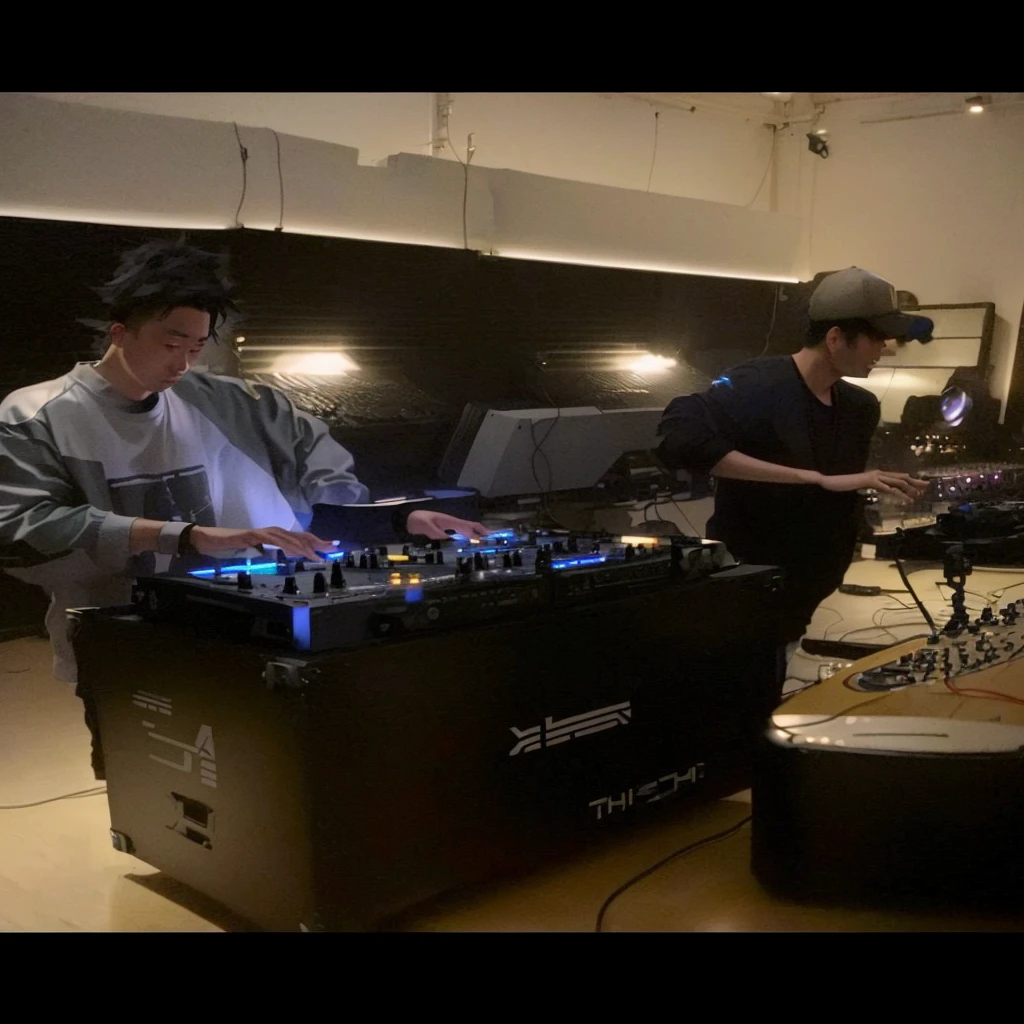 there is a man that is standing in front of a dj's equipment, djing with dj turntables, dj set, dj, shigeto hirai yuya, music being played, dj at a , shigeto koyama, hidari and vlop, smooth in _ the background, live performance, profile pic, jason chan and gilles beloeil