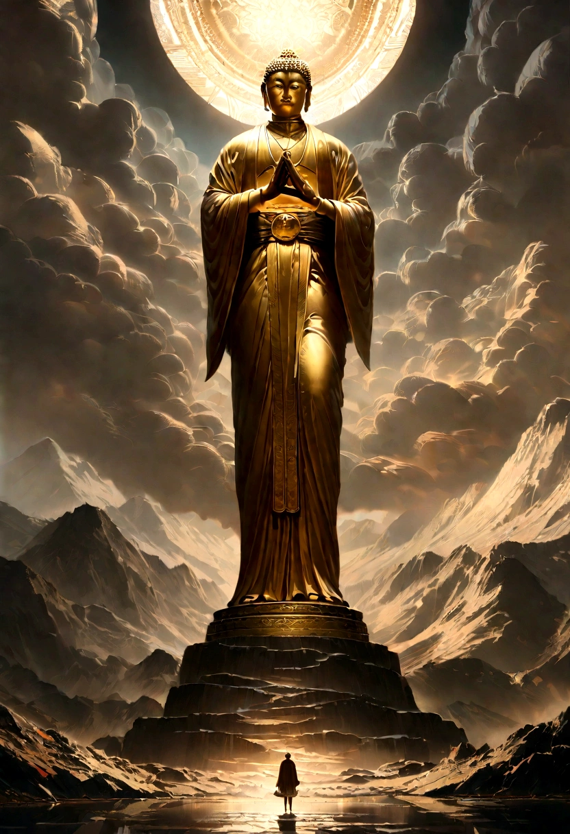 A huge golden Buddha statue stands on top of a mountain，Pilgrims&#39; Path，A light smile,Chinese style，In the distance, Surrealism, Stereogram, tachi-e, Atmospheric perspective, Hyper Photorealism, Cinema Lighting, Divine Light, Super detailed, Accurate, Highest quality, masterpiece, 16K, Attention to detail, High resolution, Awards, Super detailed, Anatomically correct