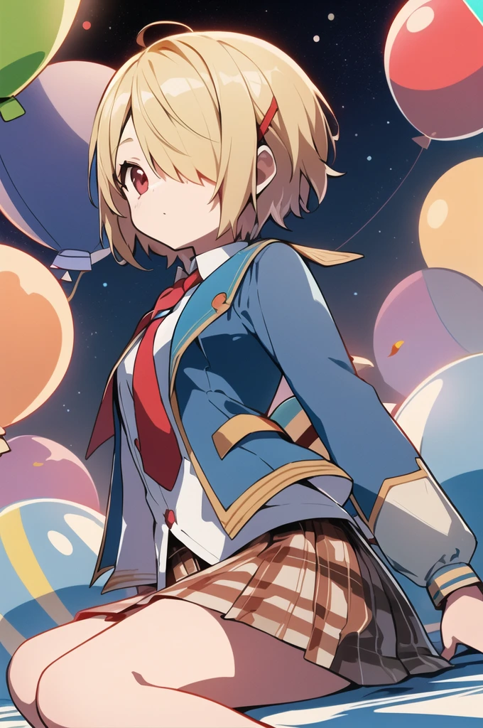 ([balloon:small planets:0.5]:1.4), (small_planets inside of balloon:1.4), (A lot of colorful small_planets:1.35)
(colorful planets, Earth, Floating Petals, big balloon:1.22),
1 Girl, Cute face,
whole body, Sitting, Beautiful eyes in every detail, barefoot, Outfit combinations, goddess, Perfect body, [Browsing Caution:0.88]
(Sitting on ice_planet:1.22)
(A lot of [Floating blue butterfly:floating ice:0.4]:1.22)
(Detailed light), (Very delicate and beautiful), Volumetric Light, Best Shadow,Cinema Lighting, Depth of written boundary, Dynamic Angle, Oily skin,(Barrette)、(((Hair on one eye)))、(((Blonde short hair))),(Red eyes)、(((Blue blazer)))、(White shirt)、(Red tie)、(((Brown plaid skirt)))、