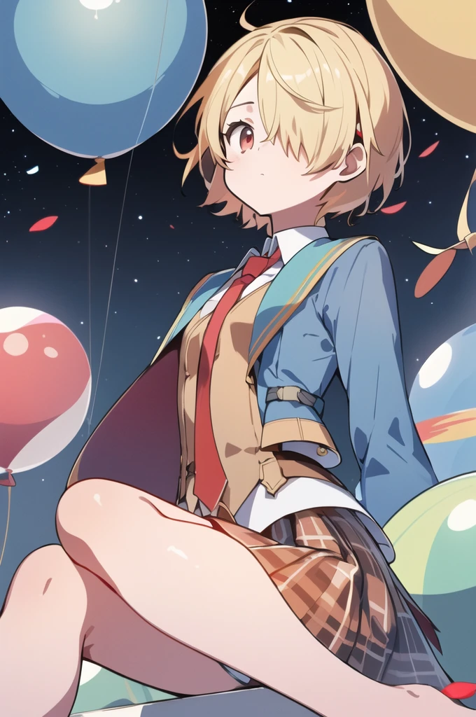 ([balloon:small planets:0.5]:1.4), (small_planets inside of balloon:1.4), (A lot of colorful small_planets:1.35)
(colorful planets, Earth, Floating Petals, big balloon:1.22),
1 Girl, Cute face,
whole body, Sitting, Beautiful eyes in every detail, barefoot, Outfit combinations, goddess, Perfect body, [Browsing Caution:0.88]
(Sitting on ice_planet:1.22)
(A lot of [Floating blue butterfly:floating ice:0.4]:1.22)
(Detailed light), (Very delicate and beautiful), Volumetric Light, Best Shadow,Cinema Lighting, Depth of written boundary, Dynamic Angle, Oily skin,(Barrette)、(((Hair on one eye)))、(((Blonde short hair))),(Red eyes)、(((Blue blazer)))、(White shirt)、(Red tie)、(((Brown plaid skirt)))、