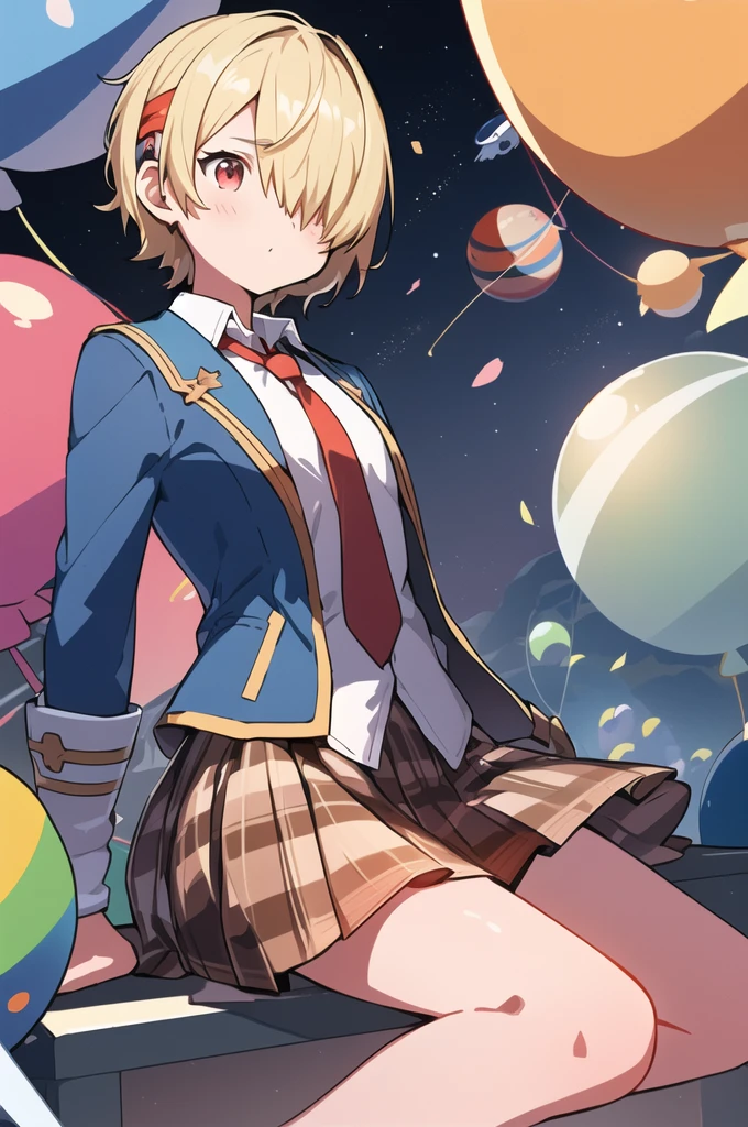 ([balloon:small planets:0.5]:1.4), (small_planets inside of balloon:1.4), (A lot of colorful small_planets:1.35)
(colorful planets, Earth, Floating Petals, big balloon:1.22),
1 Girl, Cute face,
whole body, Sitting, Beautiful eyes in every detail, barefoot, Outfit combinations, goddess, Perfect body, [Browsing Caution:0.88]
(Sitting on ice_planet:1.22)
(A lot of [Floating blue butterfly:floating ice:0.4]:1.22)
(Detailed light), (Very delicate and beautiful), Volumetric Light, Best Shadow,Cinema Lighting, Depth of written boundary, Dynamic Angle, Oily skin,(Barrette)、(((Hair on one eye)))、(((Blonde short hair))),(Red eyes)、(((Blue blazer)))、(White shirt)、(Red tie)、(((Brown plaid skirt)))、