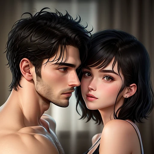Couple kissing scene at night with rain. Dimly lit vibes.
28-year-old man and 18-year-old girl, Detailed face, Detailed eyes, Handsome-masculine-cool-man with black hair topless and hot-seductive-sexy-beautiful-girl with brown short hair and blushing face use sexy-tanktop. Intimate vibes.
