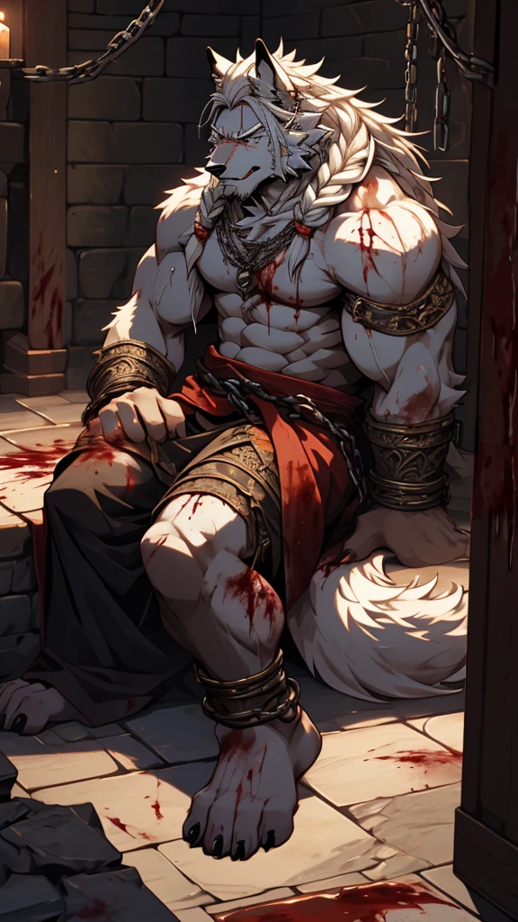 (masterpiece),(highres),(intricate details:1.4),extremely detailed,(illustration:1.2),8k,photorealistic,full body,exquisite,solo,elder male wolf,muscular,general,(damaged body:1.4),(white hair:1.3),long hair,braided hair,beard,scar,naked,captured,imprisoned,dungeon,tortured,chains around body,in great pain,weak,distressed,(tattered clothes:0.8),(Warhammer 40K:0.8),aging,feeble,lying on ground,(blood:1.4),cold hard floor,chains wrapped around limbs,(iron shackles:1.2),(dim lighting:1.2),(damp air:1.2)