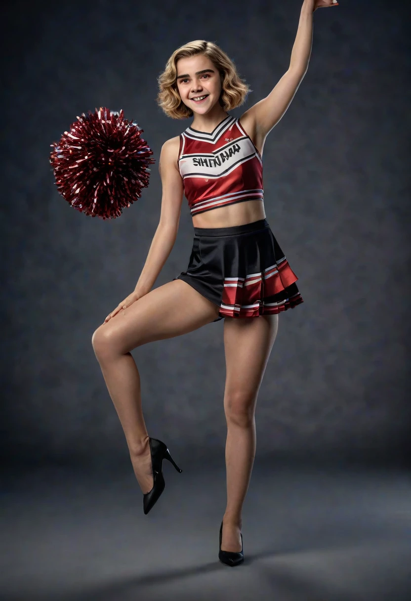 1girl, Kiernan Shipka, university cheerleader uniform, short brunette hair, sheer shimmering silky shiny tan pantyhose, 5 inch black high heels, holding pompoms, cheering, studio photo shoot, photorealistic, best quality, 8k, highres, masterpiece:1.2, ultra-detailed, realistic, photorealistic, photo-realistic:1.37, HDR, UHD, studio lighting, extreme detail description, professional, vivid colors, dramatic lighting, dynamic pose