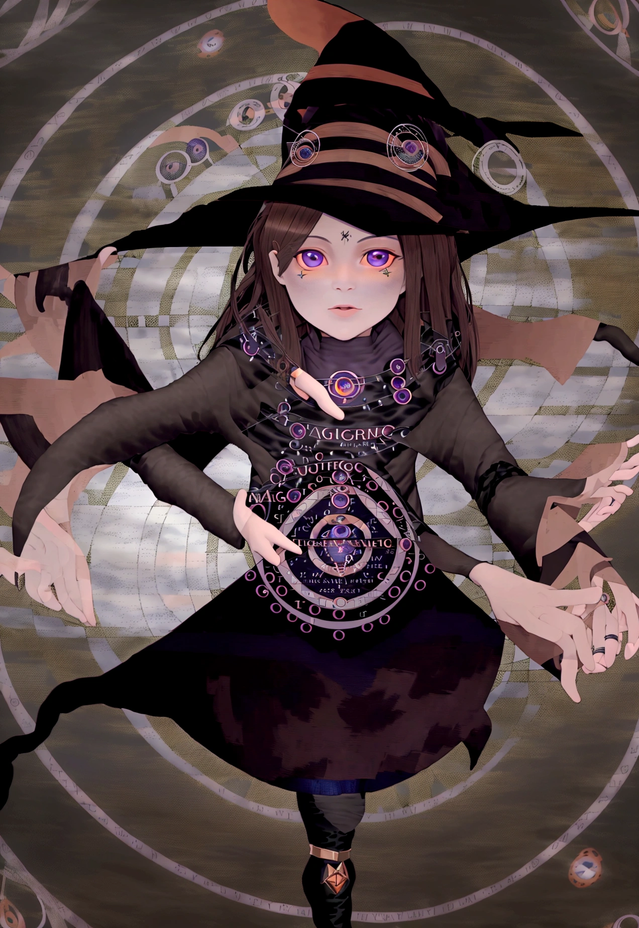 A beautiful witch in the style of Studio Ghibli, 1.55 tall, 16 years old, medium-length black hair, light brown eyes, fair skin, wearing a knee-length transparent blue dress, black stockings and dark brown boots, a black and cinnamon cloak, a light brown handbag and a magic wand made of coral lizard. 8k image, ((highest quality)),(ultra high resolution),(Super detailed),(detailed description),((best GC)),(best artwork),super art precision,great drawing- art(Fantasy art with precise details:1.5),(witch:1.6),(and pretty cute shaped face:a 1.5),(Magic circle floating:1.6),dynamic pose:1.5,boots:1.3, magic circle, final fantasy XV style, 4K, super sexy