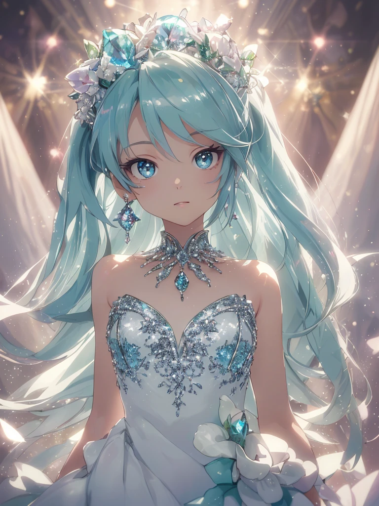 masterpiece, highest quality, figure, alexandrite eyes and hair, platinum earrings, Platinum Necklace, white dress, The Little Mermaid, cute, (dynamic lighting:1.2), cinematic lighting, delicate features, fine eyes, sharp pupils, realistic student, Depth of bounds written, Bokeh, sharp focus, (very detailed, bloom, shine:1.4), Many Small Gems, hatsune miku, big tits
