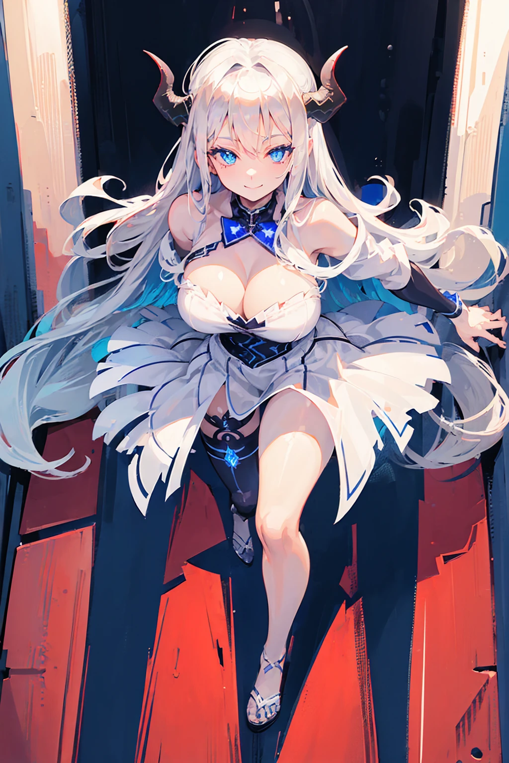 (((1 demon girl))), ((detailed blue eyes)), ((long silver hair)), large breasts, curvy hips, perfectly drawn body, seductive smile, best quality, masterpiece, ultra-detailed