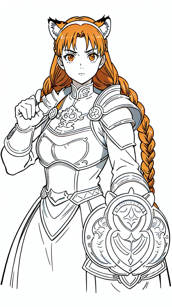 (1girl,20 years old,mature female,solo),tiger ears,long hair,(twin braids),orange hair,white knight armor,(white background,line drawing),upper body,serious,upper body,outstretched hand