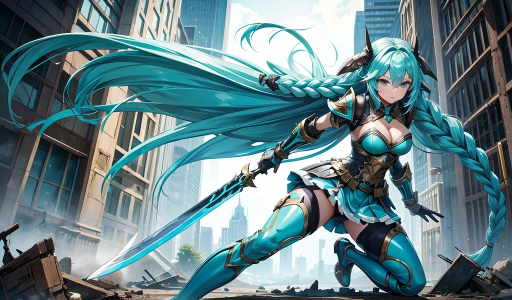 Girl with long cyan hair and double braids,tights,Cyan armor,cleavage,Iron skirt,thigh,Great sword,ruined city