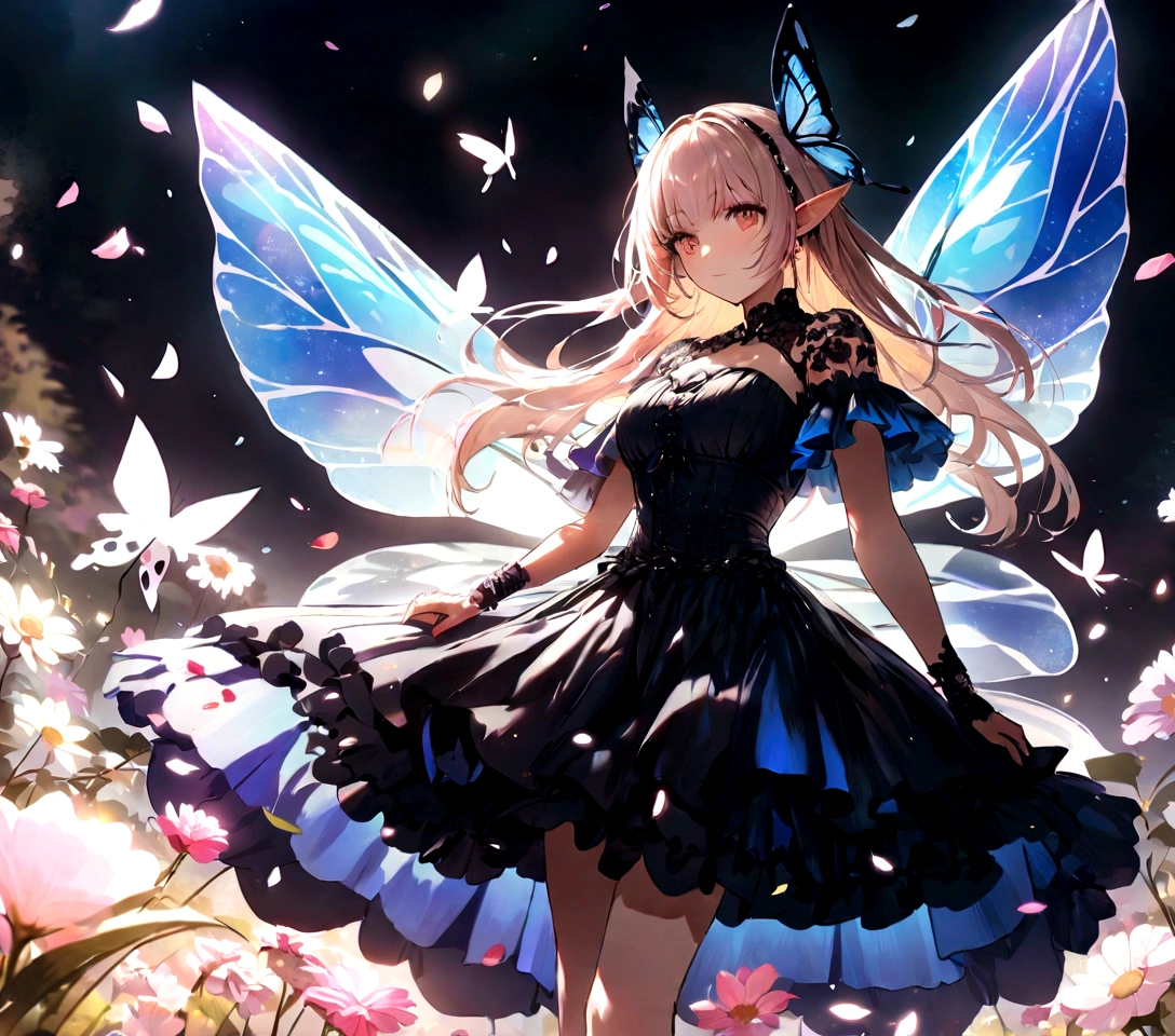 one-girl,Thighs above the knee,Elves in flowers,A pair of transparent butterfly wings,Colorful wings,(A skirt composed of petals:1.5),The petals float into the sky,(Petals of various flowers),best qualtiy,tmasterpiece,フォトリアリスティック,Photorealistic image quality,The dawn effect,Beam light