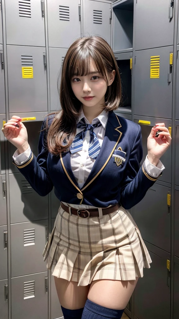 masterpiece, best quality, illustration, Super detailed, fine details, High resolution, 8K,wall paper, perfect dynamic composition,(Details High quality, realistic depiction of eyes:1.3),locker room、High school girl uniform、blazer 、Super Short Check Uniform Skirt、Navy blue high socks、garterbelts、Colossal tits、Disturbed uniform, short bob hair, black hair color, huge breasts, Big Natural Color Lip, bold sexy pose, (perfect body shape), crying a little、Harajuku style、20 year old girl、 beautiful legs, hposing Gravure Idol, Voluptuous thighs