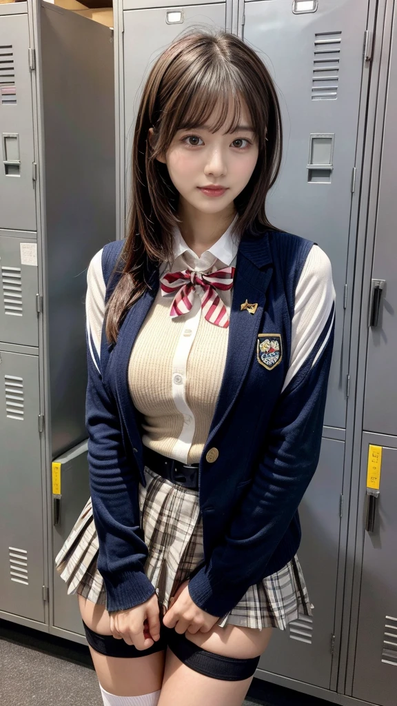 masterpiece, best quality, illustration, Super detailed, fine details, High resolution, 8K,wall paper, perfect dynamic composition,(Details High quality, realistic depiction of eyes:1.3),locker room、High school girl uniform、blazer 、Super Short Check Uniform Skirt、Navy blue high socks、garterbelts、Colossal tits、Disturbed uniform, short bob hair, black hair color, huge breasts, Big Natural Color Lip, bold sexy pose, (perfect body shape), crying a little、Harajuku style、20 year old girl、 beautiful legs, hposing Gravure Idol, Voluptuous thighs