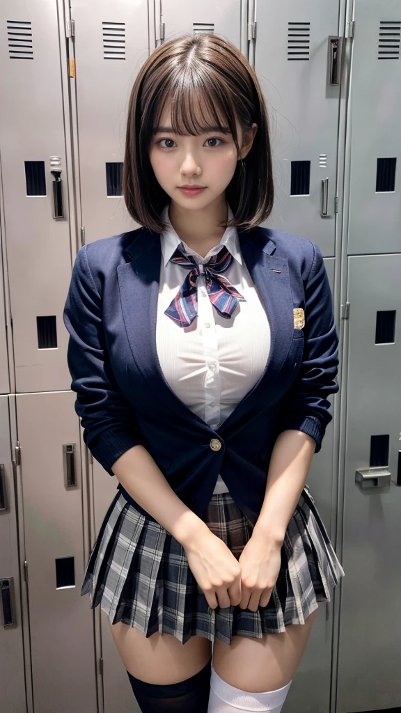 masterpiece, best quality, illustration, Super detailed, fine details, High resolution, 8K,wall paper, perfect dynamic composition,(Details High quality, realistic depiction of eyes:1.3),locker room、High school girl uniform、blazer 、Super Short Check Uniform Skirt、Navy blue high socks、garterbelts、Colossal tits、Disturbed uniform,  short bob hair, black hair color, huge breasts, Big Natural Color Lip, bold sexy pose, (perfect body shape), crying a little、Harajuku style、20 year old girl、 beautiful legs, hposing Gravure Idol, Voluptuous thighs