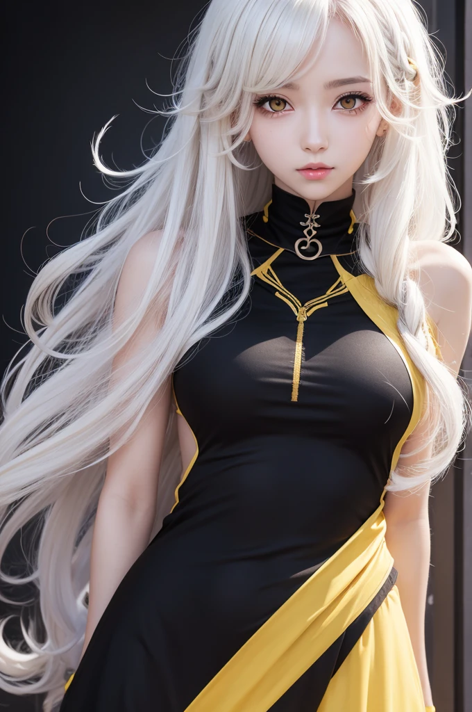 anime female character , white curly hair , skin black , yellow eyes