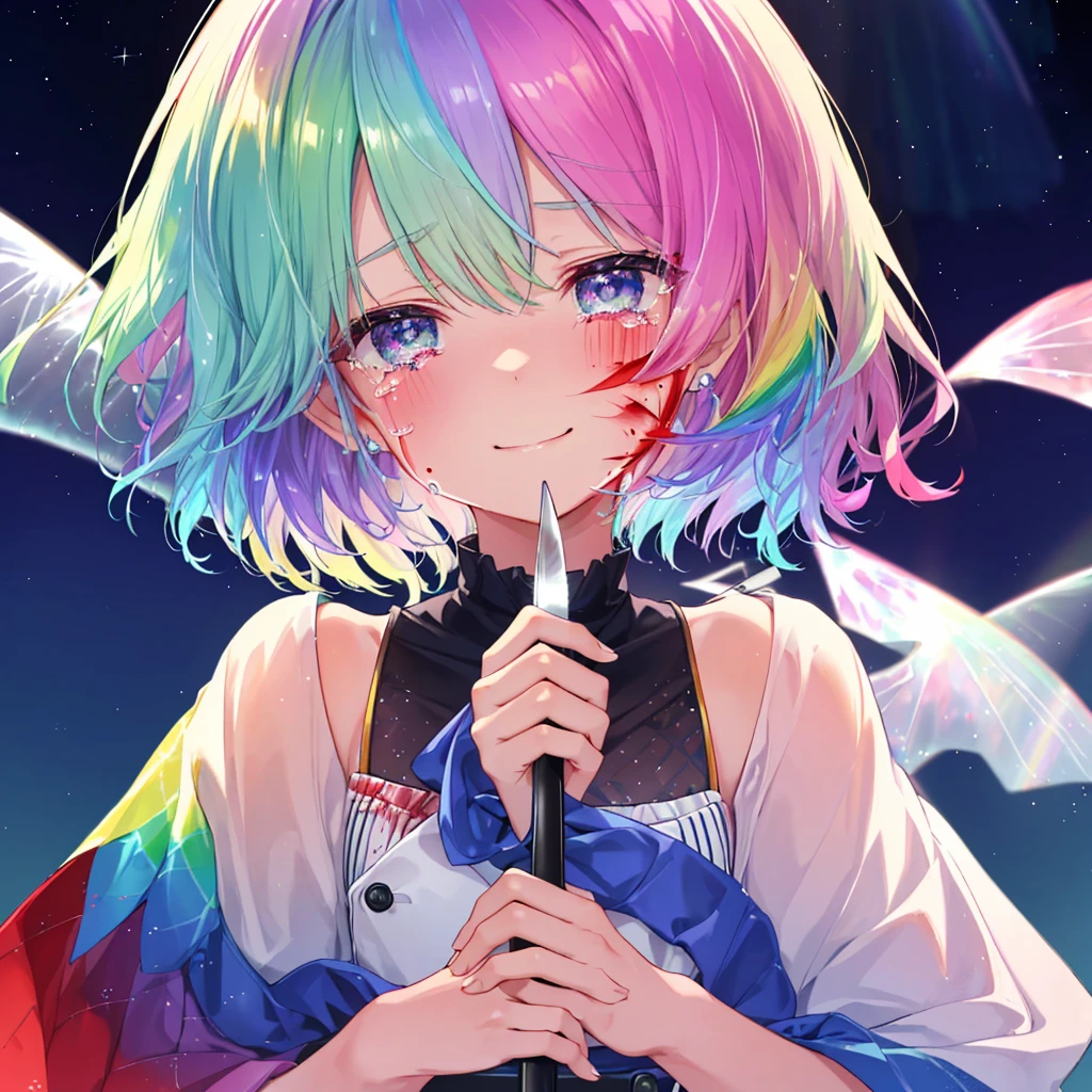 (((Extreme close-up tears smile Hold a knife with both hands Bleeding on the cheek))) ((輝くtears Rainbow Hair Rainbow Eyes Short Hair Receiving the light smile Rainbow light Aurora)) (Shining Edge Pillar of Light)