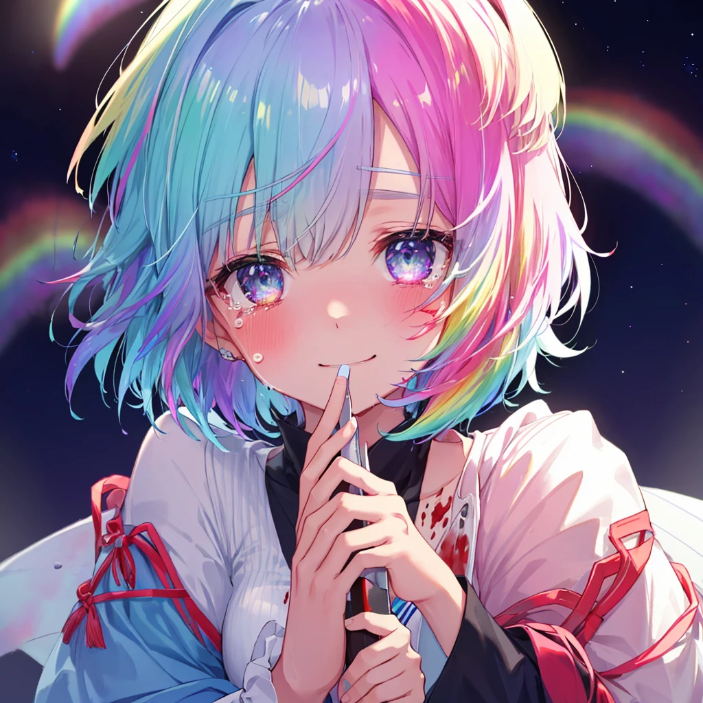 (((Extreme close-up　tears　smile　Hold a knife with both hands　Bleeding on the cheek)))　((輝くtears　Rainbow Hair　Rainbow Eyes　Short Hair　Receiving the light　smile　Rainbow light　Aurora))　(Shining Edge　Pillar of Light)
