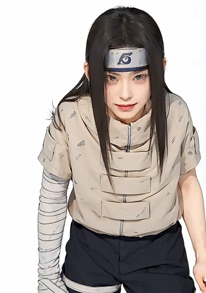 1 male, Neji Hyuga in Naruto Shippuden, Long Hair , Black Hair, White eye, good looking, smile, White clothes, Realistic clothes, Clothing Details, Beach City Background, Super detailed, Realistic