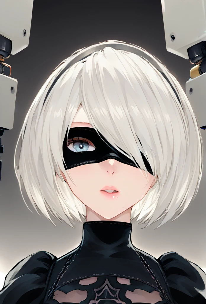 yorha 2B, Nier automata, (black visor, yorha visor), mature woman, white hair, mature body, looking up at viewer, front view