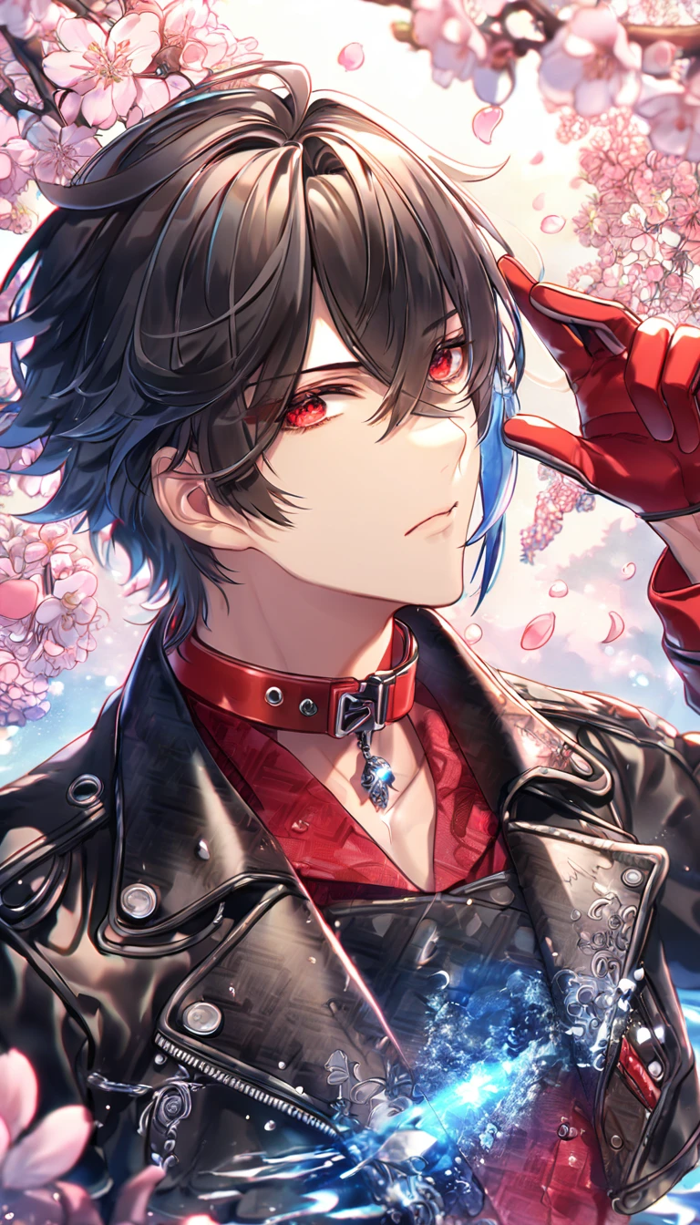 absurdres, highres, ultra detailed, HDR, master piece, Shin, messy black hair, red streaks, expressive red eyes, cropped black leather jacket, Amnesia Memories, sexy man, handsome, best quality, blossoms, pink petals, pink flowers, fantasy, magical, blue shining fireflies, solo, water, red shirt with black patterns, red gloves, red collar,