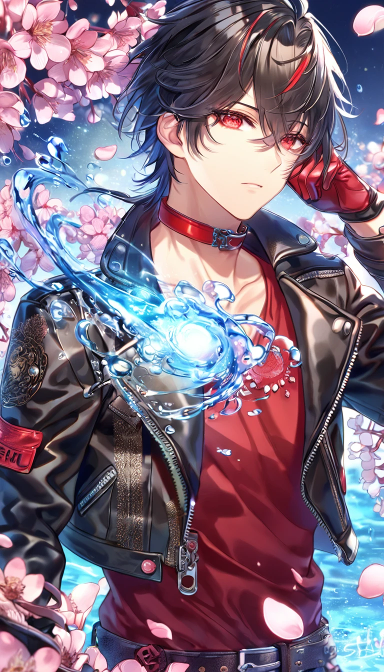 absurdres, highres, ultra detailed, HDR, master piece, Shin, messy black hair, red streaks, expressive red eyes, cropped black leather jacket, Amnesia Memories, sexy man, handsome, best quality, blossoms, pink petals, pink flowers, fantasy, magical, blue shining fireflies, solo, water, red shirt with black patterns, red gloves, red collar,