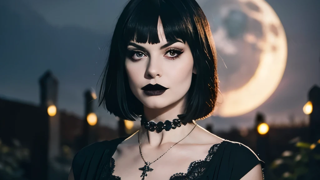 Generate a hyper-realistic image that employs the shallow depth of field technique, Head and sholders portrait to highlight a pretty goth girl wearing a gothic dress, ((cut hair with fringe)), at ((night in a creepy cemitery)) setting, (((under the moonlight))). The girl should be the focal point, with crisp clarity, while the background of the forest should be gently blurred to create a bokeh effect. (((black roses In the foreground))) should be visible but blurred, adding depth to the composition.", adding depth to the composition. Sony Alpha A7R III, macros lens , f/5.6. ((Cinematic purple Lighting)) .