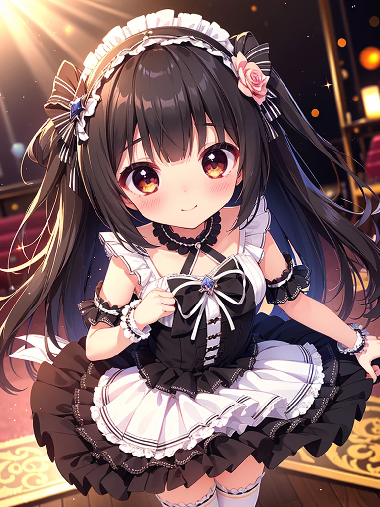 ((Highest quality)), ((masterpiece)), (be familiar with), 3d, Perfect Face, Big eyes, Drooping eyes, eyelash, The sparkling light of the eyes, 
brown eyes, black hair, ((idol dress)), ((idol costume)), (pastel costume), plaid pleated skirt, white thigh highs socks, hair ornament, hairband, ribbon choker, looking up, bouquet, indoors, theater, light particles, sparkle, blurry background, shy smile, closed mouth