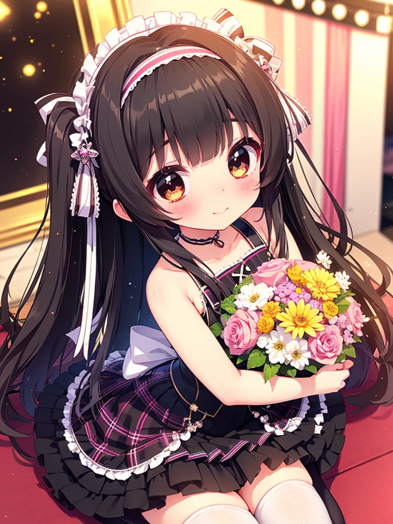 ((Highest quality)), ((masterpiece)), (be familiar with), 3d, Perfect Face, Big eyes, Drooping eyes, eyelash, The sparkling light of the eyes, 
brown eyes, black hair, ((idol dress)), ((idol costume)), (pastel costume), plaid pleated skirt, white thigh highs socks, hair ornament, hairband, ribbon choker, looking up, bouquet, indoors, theater, light particles, sparkle, blurry background, shy smile, closed mouth