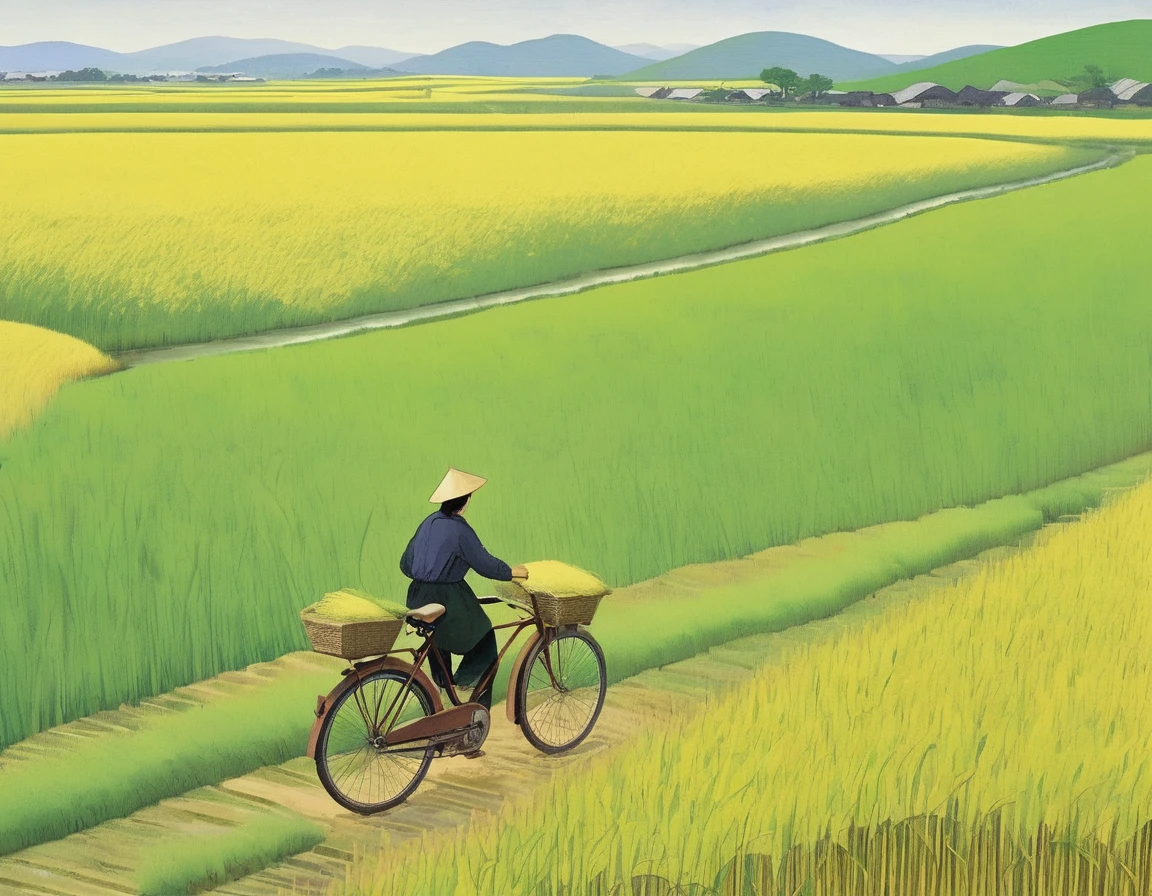 A beautiful illustration, Endless rice fields, half yellow half green, bicycle, Will Barnett (Will Barnet) modeling, Attached are 50D movie stills, Idyllic, Rural, panoramic,