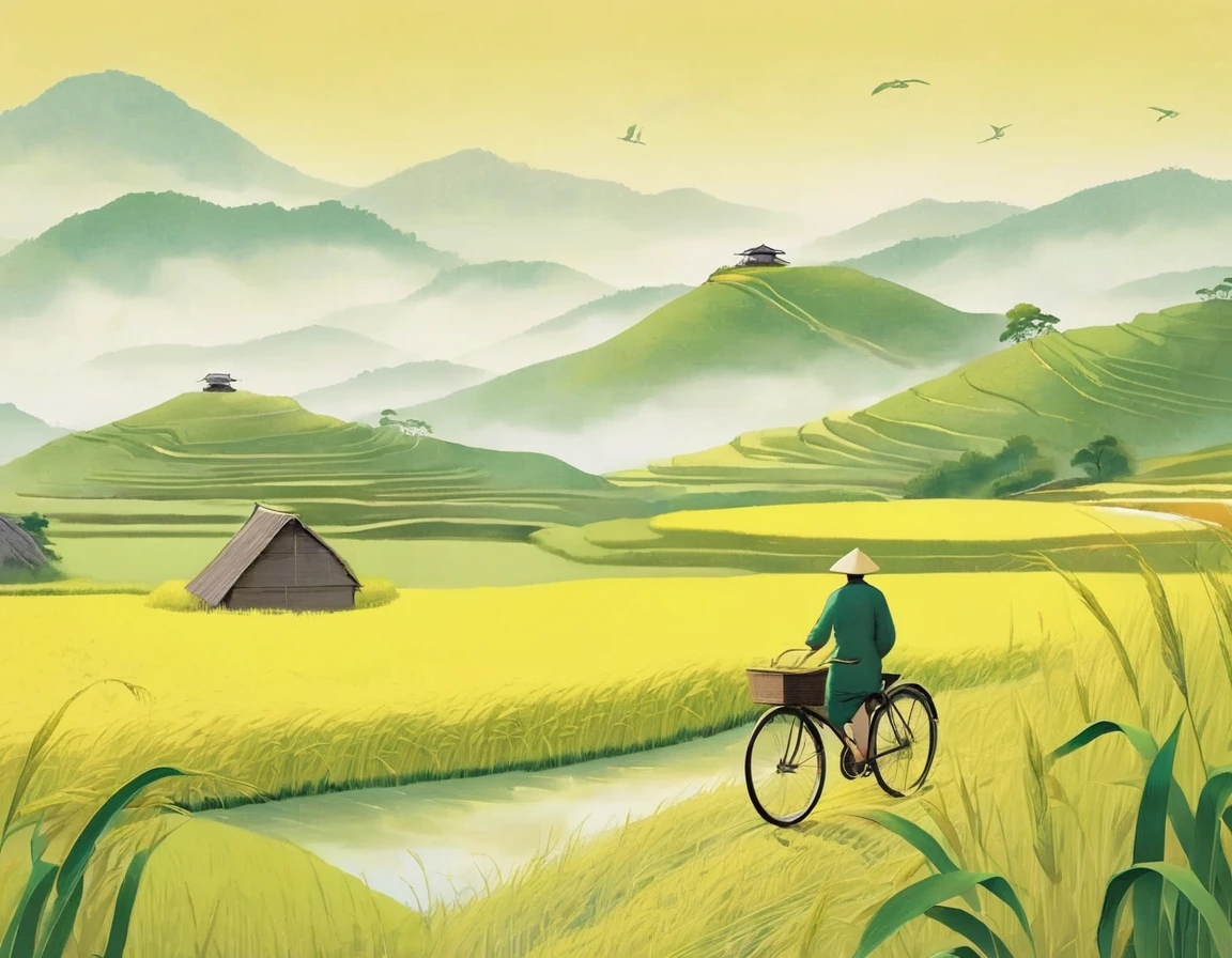 A beautiful illustration, Endless rice fields, half yellow half green, bicycle, Will Barnett (Will Barnet) modeling, Attached are 50D movie stills, Idyllic, Rural, panoramic,