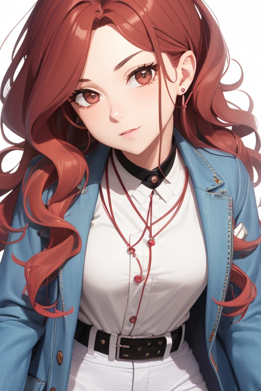bonibel Handsome 40 year old woman with long wavy red hair with pink highlights, pierced ears, honey brown eyes, open white doctor's coat, blue denim jeans, white shirt with candy print, black belt, looking directly at viewer. a white background.