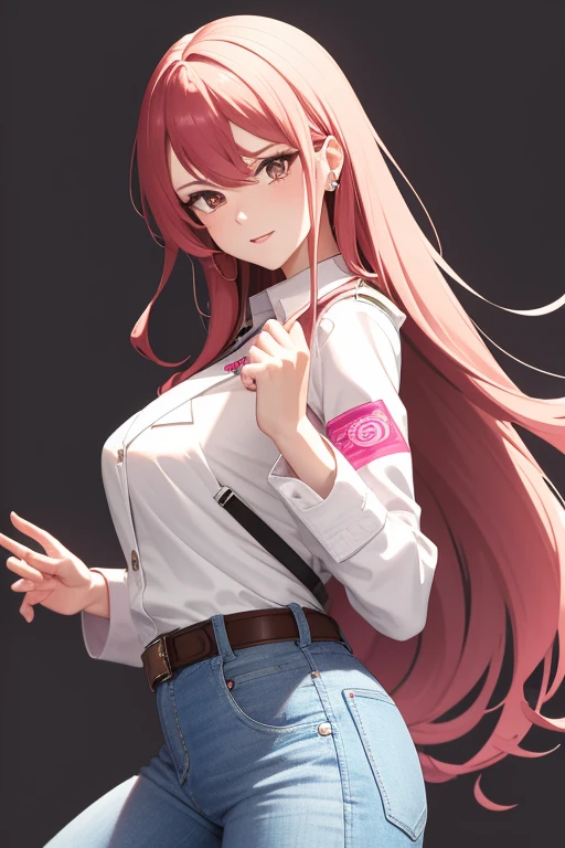 bonibel Handsome 40 year old woman with long wavy red hair with pink highlights, pierced ears, honey brown eyes, open white doctor's coat, blue denim jeans, white shirt with candy print, black belt, looking directly at viewer. a white background.