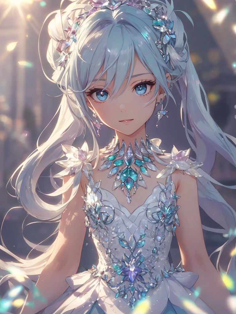 masterpiece, highest quality, figure, alexandrite eyes and hair, platinum earrings, Platinum Necklace, white dress, The Little Mermaid, cute, (dynamic lighting:1.2), cinematic lighting, delicate features, fine eyes, sharp pupils, realistic student, Depth of bounds written, Bokeh, sharp focus, (very detailed, bloom, shine:1.4), Many Small Gems, hatsune miku