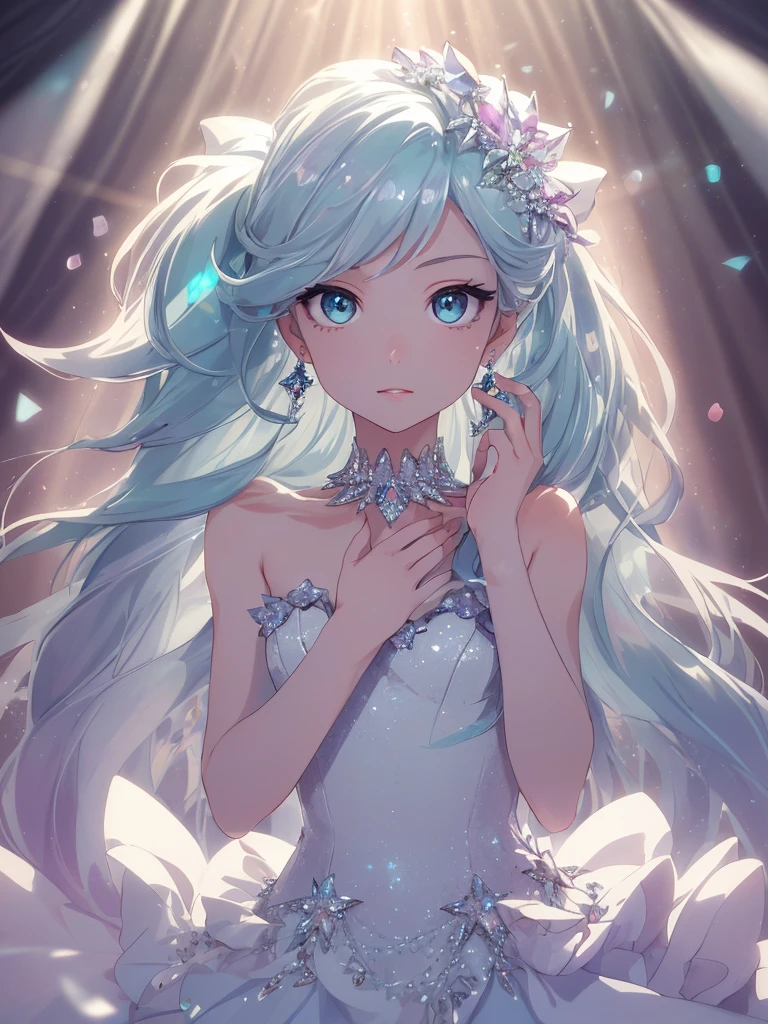masterpiece, highest quality, figure, alexandrite eyes and hair, platinum earrings, Platinum Necklace, white dress, The Little Mermaid, cute, (dynamic lighting:1.2), cinematic lighting, delicate features, fine eyes, sharp pupils, realistic student, Depth of bounds written, Bokeh, sharp focus, (very detailed, bloom, shine:1.4), Many Small Gems, hatsune miku