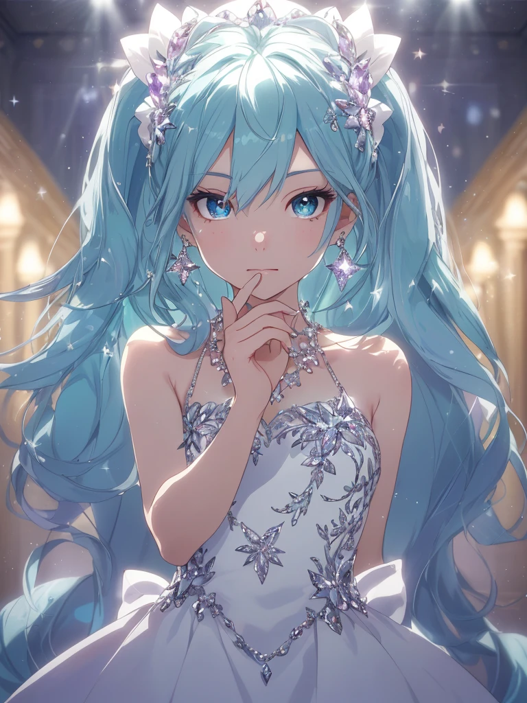 masterpiece, highest quality, figure, alexandrite eyes and hair, platinum earrings, Platinum Necklace, white dress, The Little Mermaid, cute, (dynamic lighting:1.2), cinematic lighting, delicate features, fine eyes, sharp pupils, realistic student, Depth of bounds written, Bokeh, sharp focus, (very detailed, bloom, shine:1.4), Many Small Gems, hatsune miku